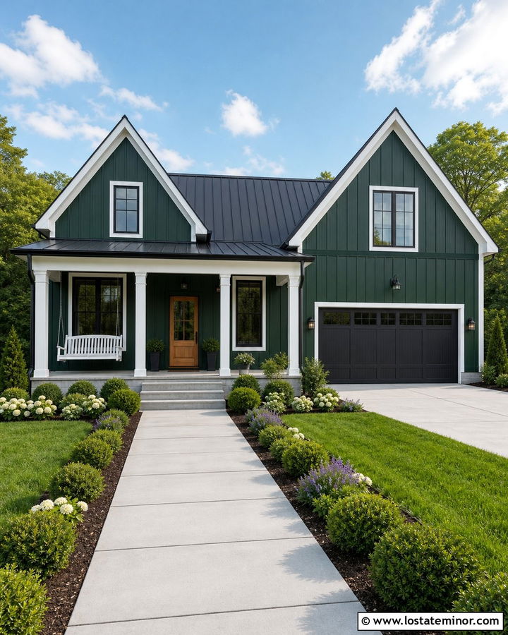 Forest Green Farmhouse With White Porch Swing - 30 Forest Green House Design With Swing Ideas
