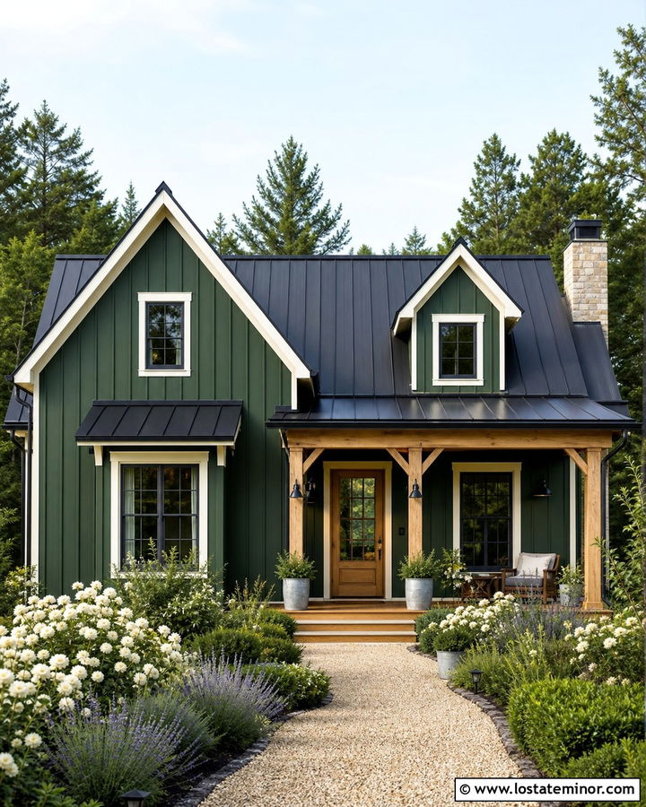 Forest Green Farmhouse With White Roses - 30 Forest Green House Design With Landscaping Ideas