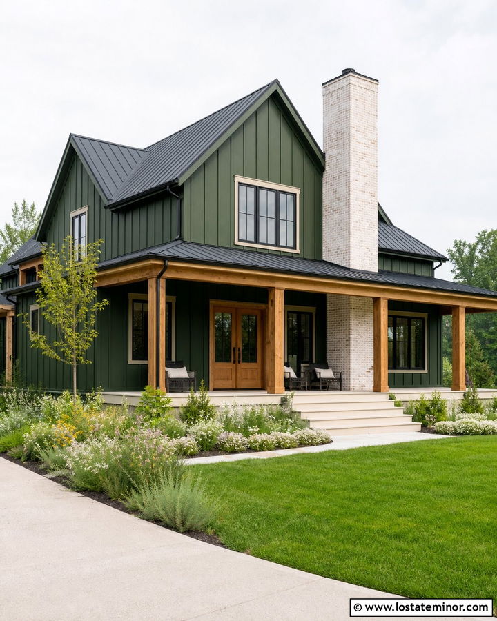 Forest Green Farmhouse With Whitewashed Brick Chimney - 30 Forest Green House Design With Chimney Ideas
