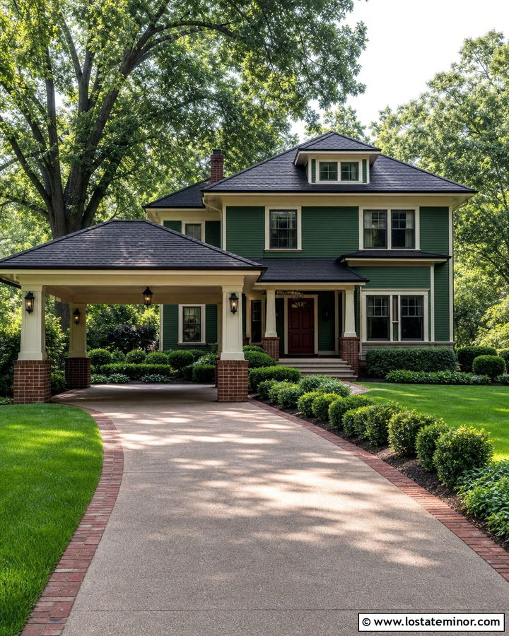 Forest Green Foursquare House With Porte Cochere - 30 Forest Green House Design With Carport Ideas