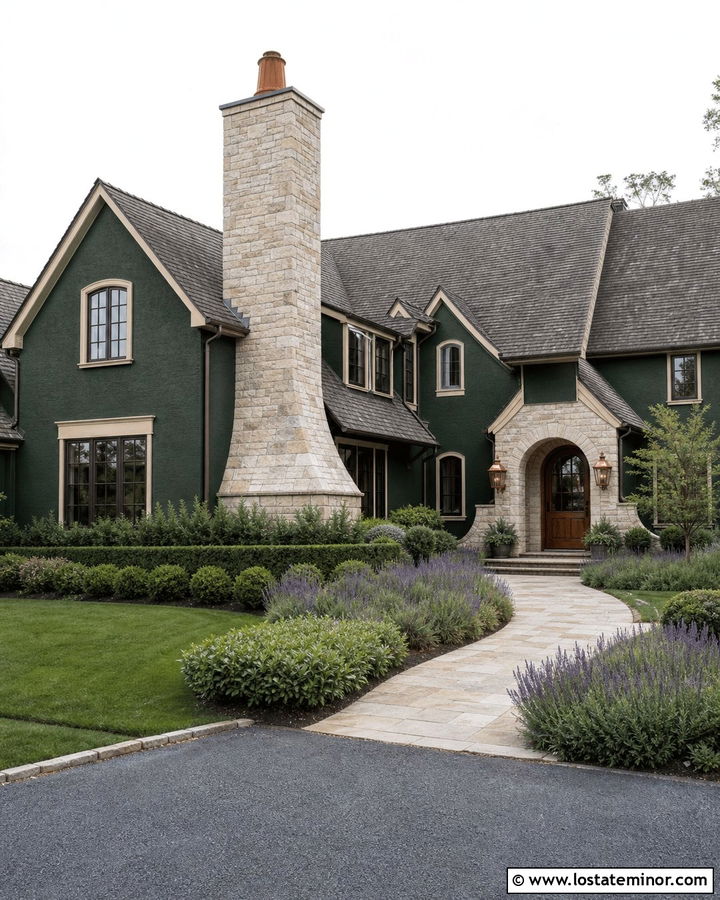 Forest Green French Country House With Limestone Chimney - 30 Forest Green House Design With Chimney Ideas