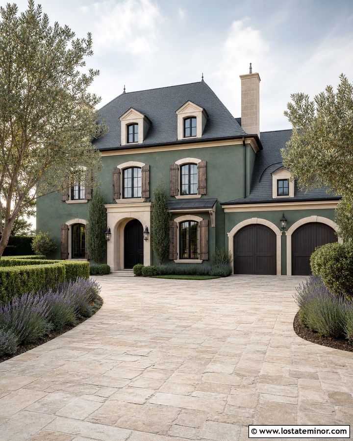 Forest Green French Country House With Limestone Driveway - 30 Forest Green House Design With Driveway Ideas