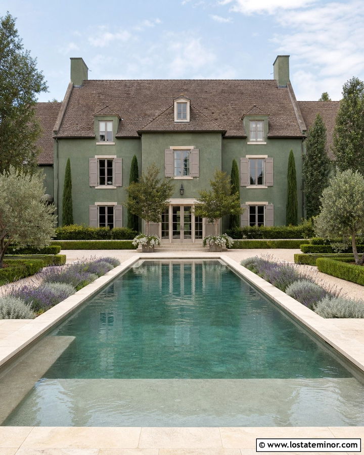 Forest Green French Country House With Limestone Pool - 30 Forest Green House Design With Swimming Pool Ideas