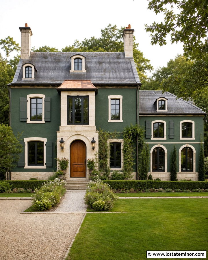 Forest Green French Country House With Limestone - 30 Forest Green House Design With Stone Accents Ideas