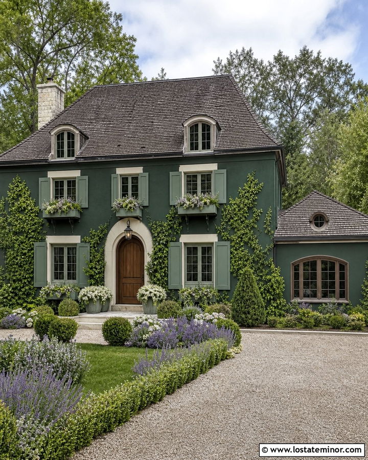 Forest Green French Country House With Zinc Window Boxes - 30 Forest Green House Design With Window Boxes Ideas