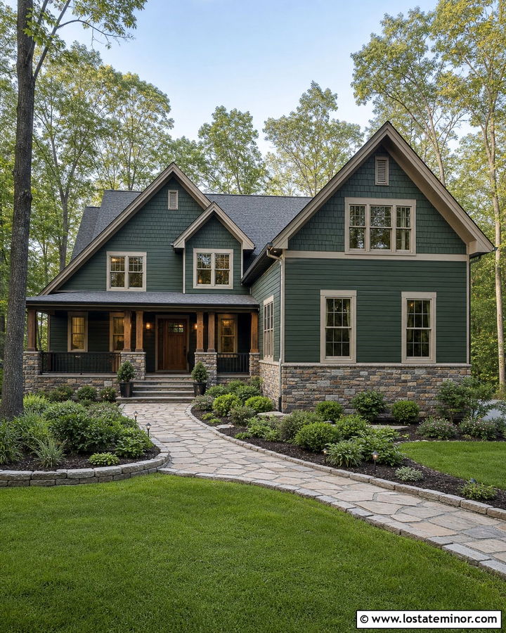 Forest Green Gable House With Stone Accents - 30 Forest Green House Design With Gables Ideas