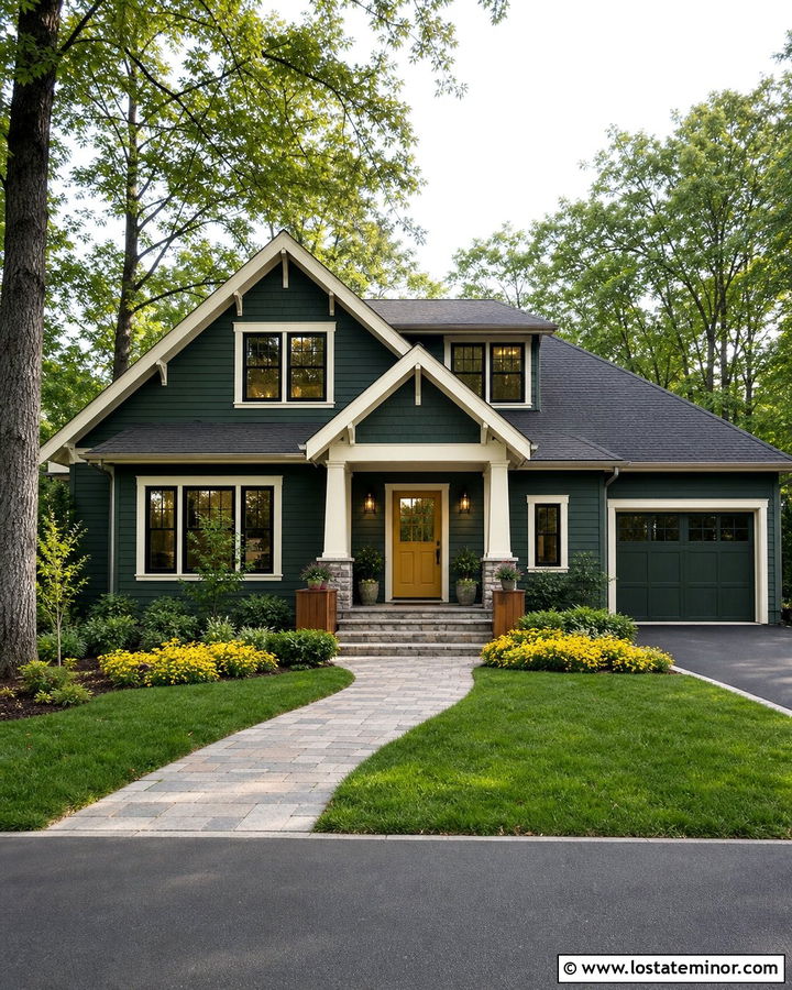 Forest Green Gable House With Yellow Door - 30 Forest Green House Design With Gables Ideas