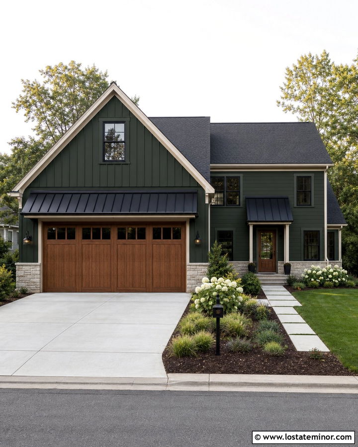 Forest Green Garage House With Wide Metal Awning - 30 Forest Green House Design With Awning Ideas