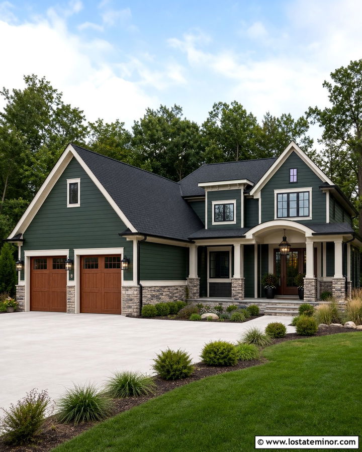 Forest Green Garage With Matching Exterior Lights - 30 Forest Green House Design With Light Fixtures Ideas