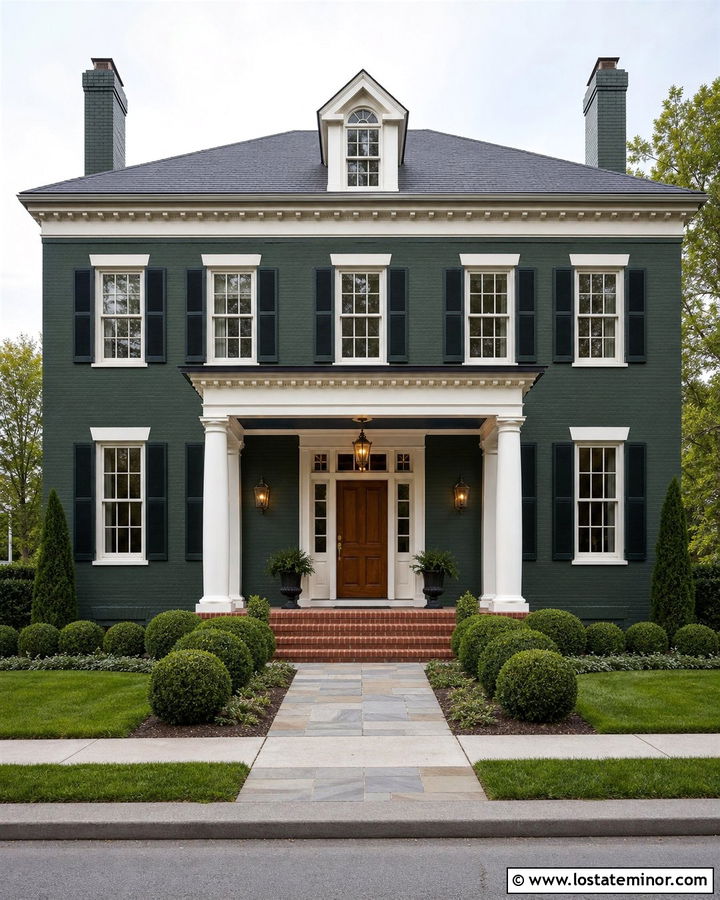 Forest Green Georgian House With Navy Porch Ceiling - 30 Forest Green House Design With Porch Ceiling Ideas