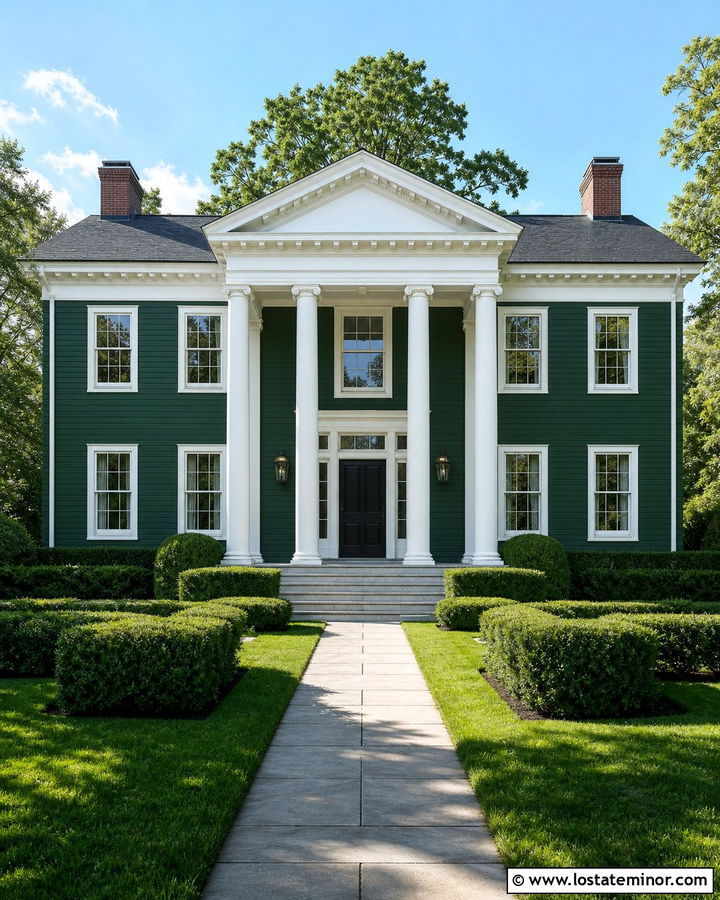 Forest Green Greek Revival With White Column Portico - 30 Forest Green House Design With Portico Ideas