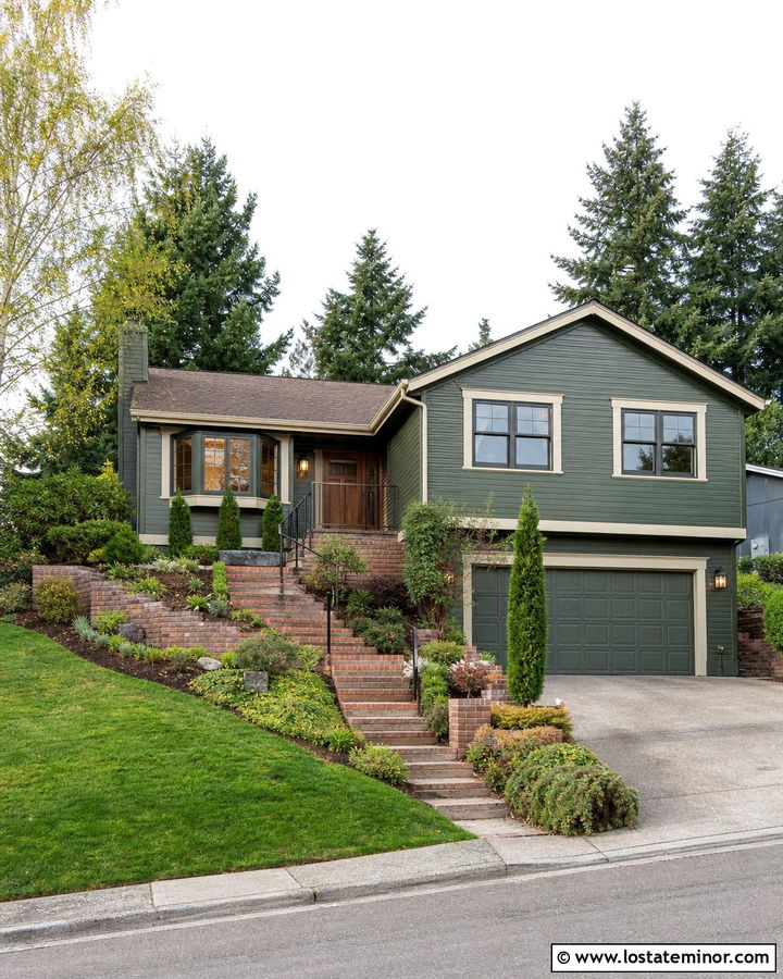 Forest Green Hillside House With Brick Retaining Walls - 30 Forest Green House Design With Brick Accents Ideas