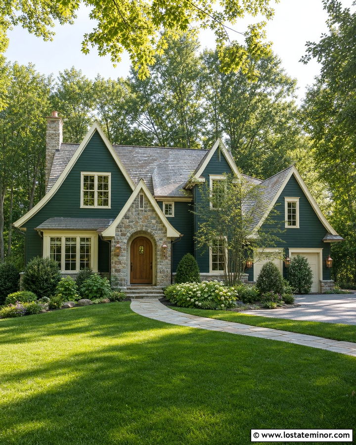 Forest Green House With Arched Wood Front Door - 30 Forest Green House Design With Front Door Ideas