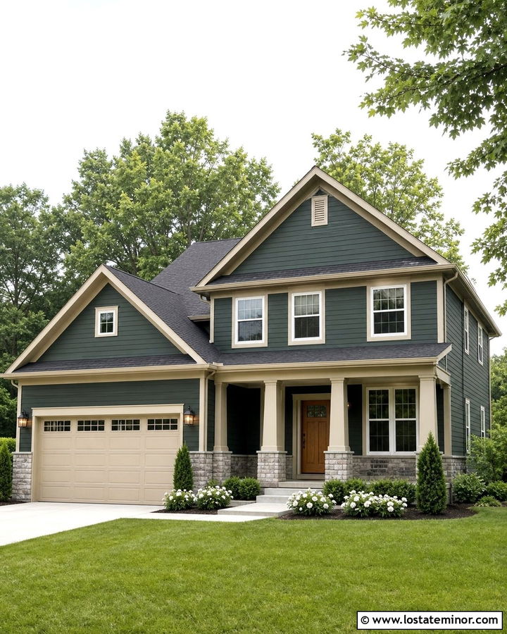 Forest Green House With Beige Garage Door - 30 Forest Green House Design With Garage Door Ideas