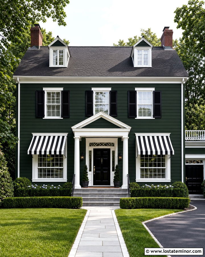 Forest Green House With Black And White Awnings - 30 Forest Green House Design With Awning Ideas