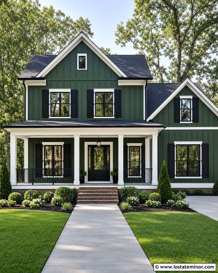 Forest Green House With Black And White Trim - 30 Forest Green House Design With Trim Ideas