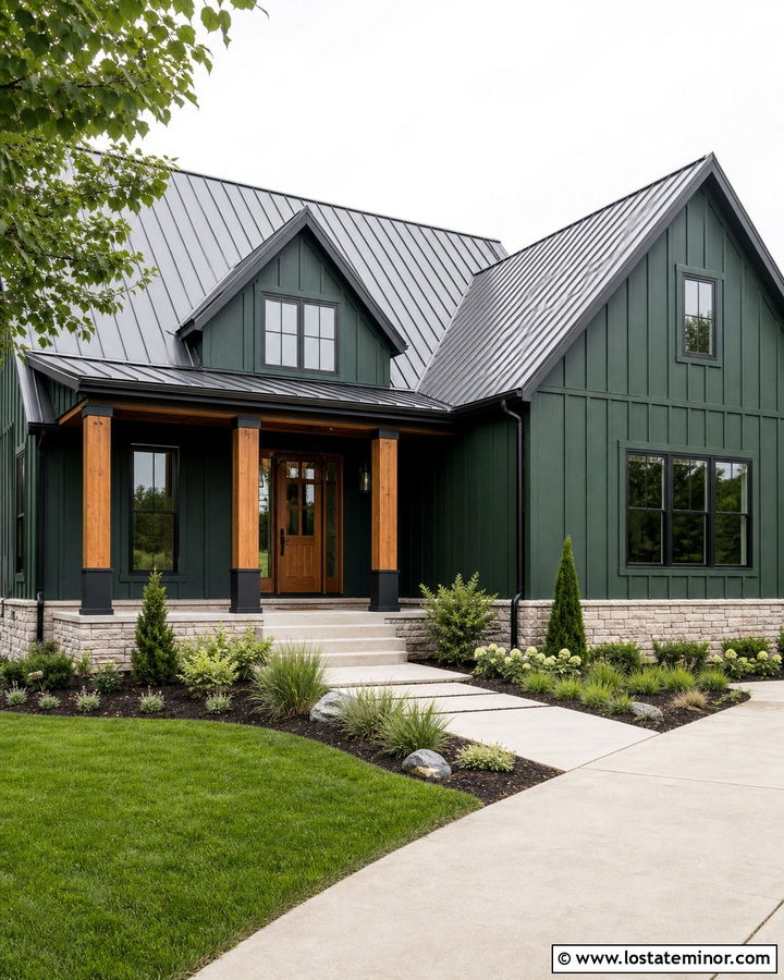 Forest Green House With Black And Wood Columns - 30 Forest Green House Design With Porch Columns Ideas