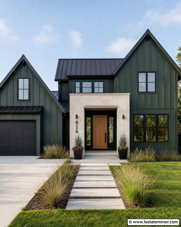 Forest Green House With Black Floating Numbers - 30 Forest Green House Design With House Numbers Ideas