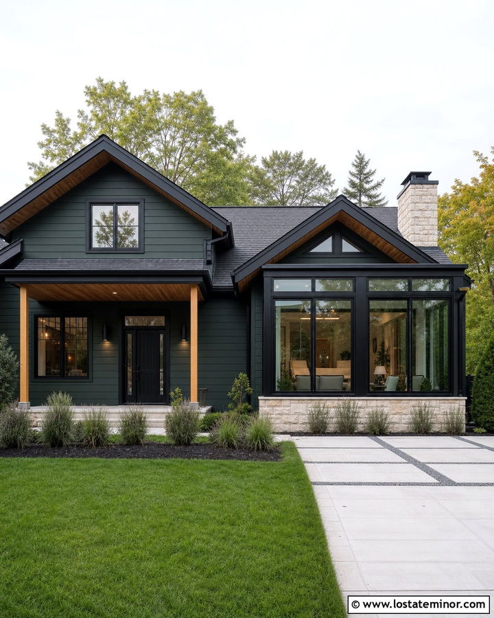 Forest Green House With Black Framed Sunroom - 30 Forest Green House Design With Sunroom Ideas