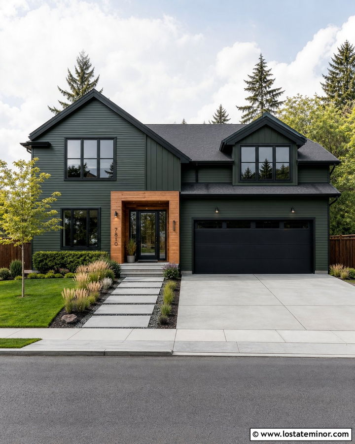 Forest Green House With Black Garage Door - 30 Forest Green House Design With Garage Door Ideas