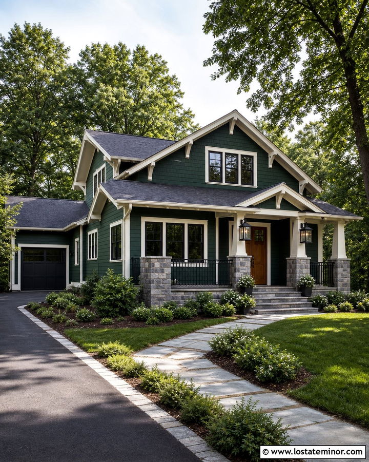 Forest Green House With Black Lantern Lighting - 30 Forest Green House Design With Lighting Ideas