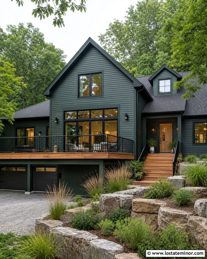 Forest Green House With Black Metal Deck Railings - 30 Forest Green House Design With Deck Ideas