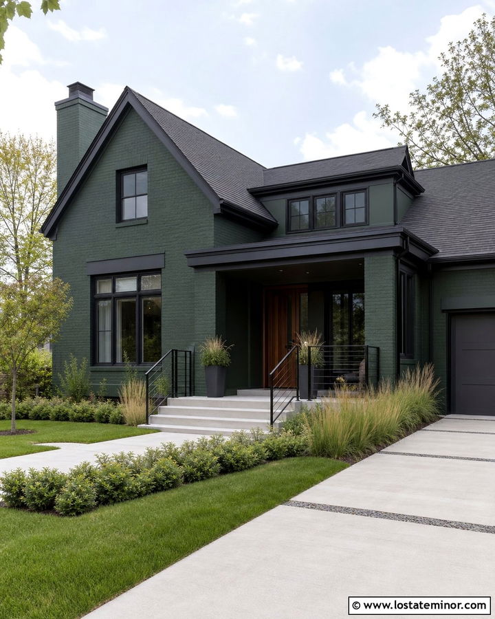 Forest Green House With Black Metal Railings - 30 Forest Green House Design With Railings Ideas