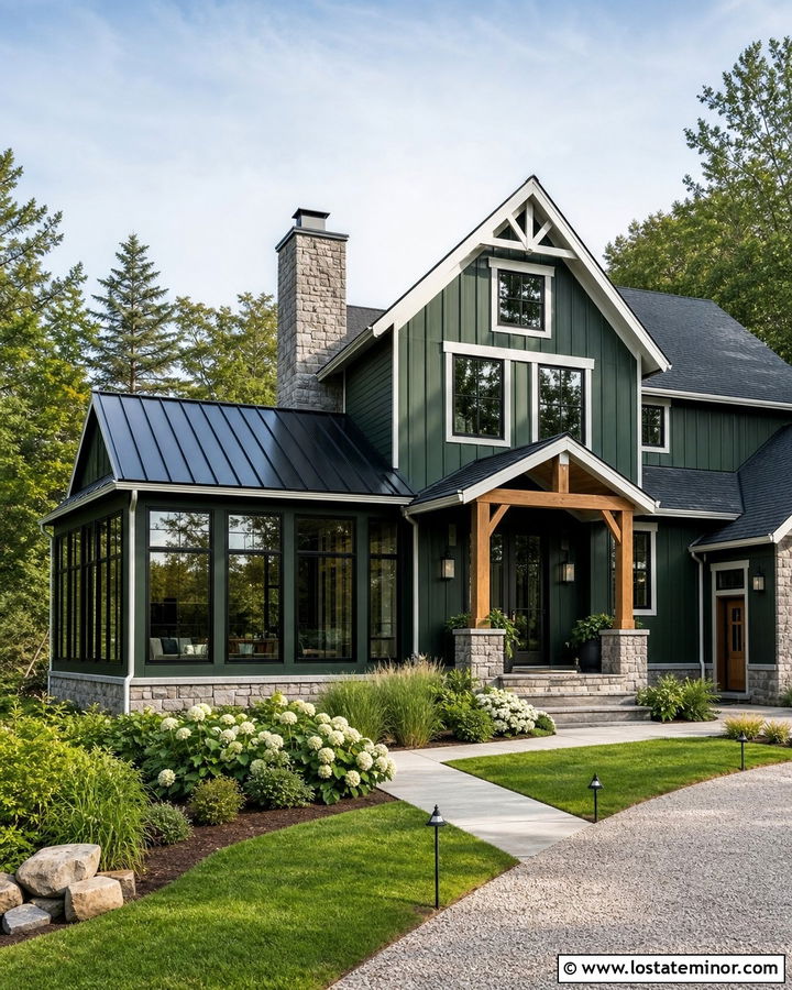 Forest Green House With Black Metal Sunroom Roof - 30 Forest Green House Design With Sunroom Ideas