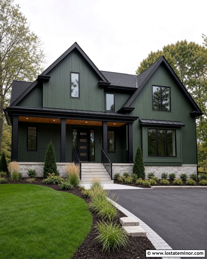 Forest Green House With Black Porch Columns - 30 Forest Green House Design With Porch Columns Ideas