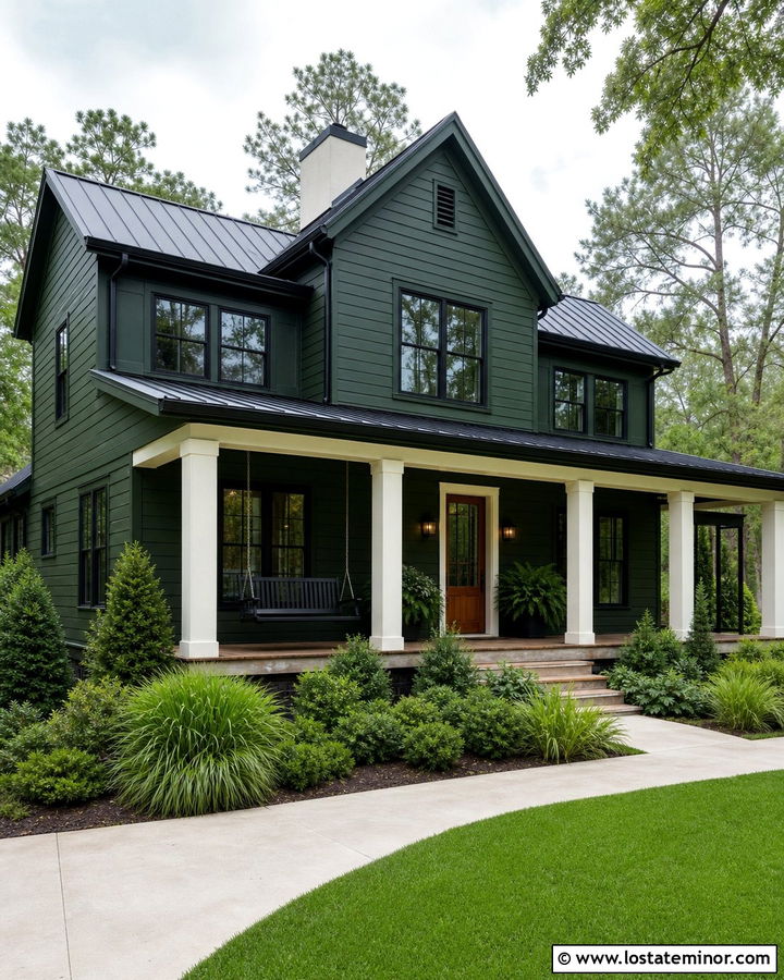 Forest Green House With Black Porch Swing - 30 Forest Green House Design With Swing Ideas