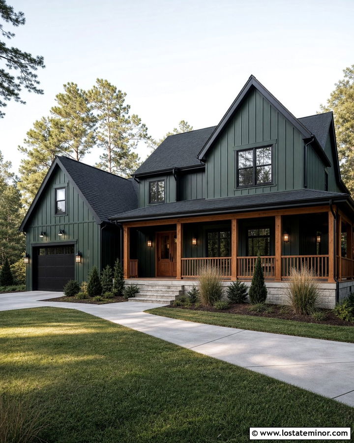 Forest Green House With Black Roof And Cedar Railings - 30 Forest Green House Design With Railings Ideas