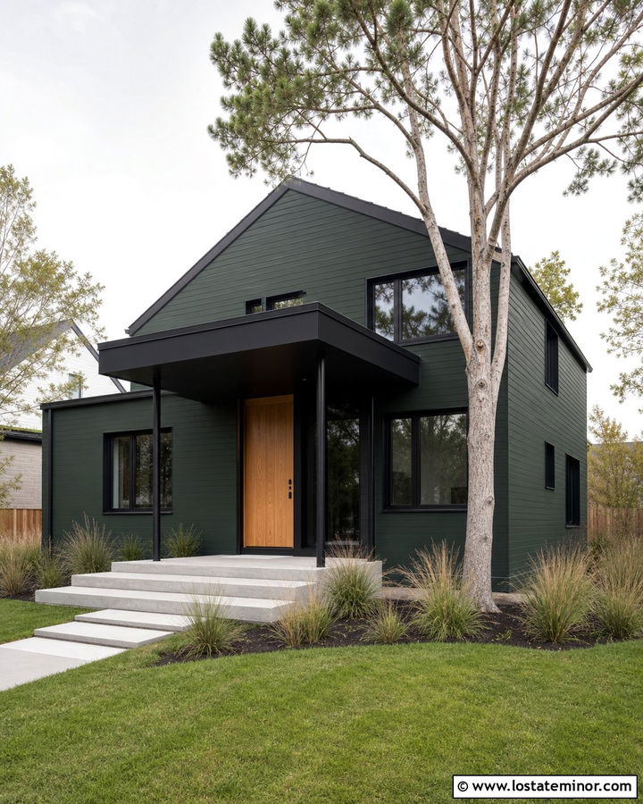 Forest Green House With Black Shed Roof Portico - 30 Forest Green House Design With Portico Ideas