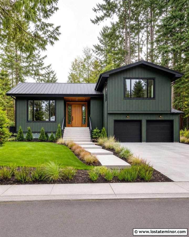 Forest Green House With Black Trim And Cedar Door - 30 Forest Green House Design With Trim Ideas