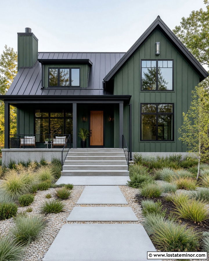 Forest Green House With Black Trim And Concrete Steps - 30 Forest Green House Design With Steps Ideas