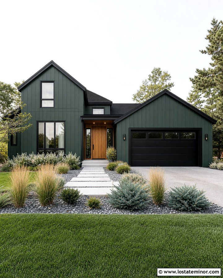 Forest Green House With Black Trim And Grasses - 30 Forest Green House Design With Landscaping Ideas