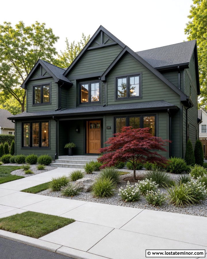 Forest Green House With Black Trim And Maple Tree - 30 Forest Green House Design With Front Yard Ideas