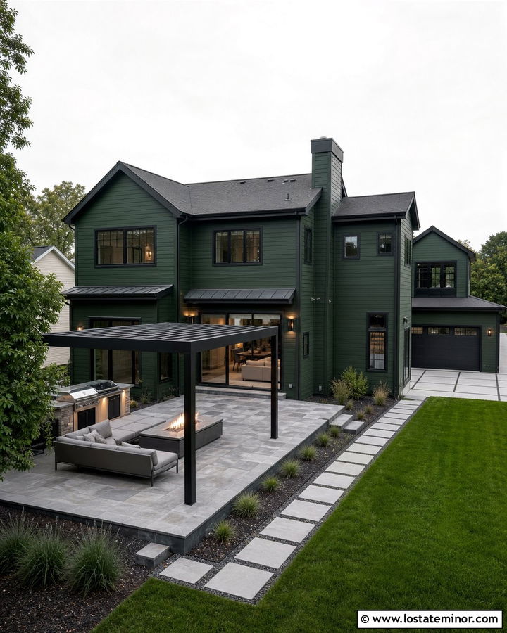 Forest Green House With Black Trim And Paver Patio - 30 Forest Green House Design With Backyard Ideas