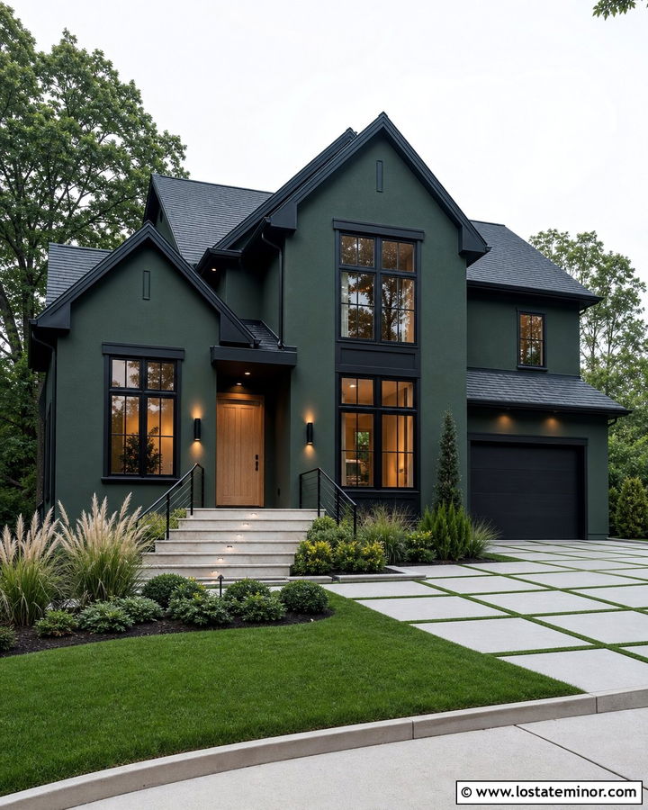 Forest Green House With Black Trim And Step Lights - 30 Forest Green House Design With Lighting Ideas