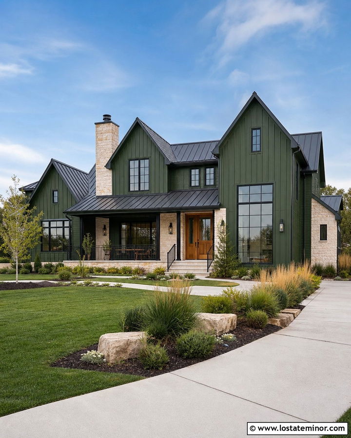 Forest Green House With Black Window Frames - 30 Forest Green House Design With Window Frames Ideas