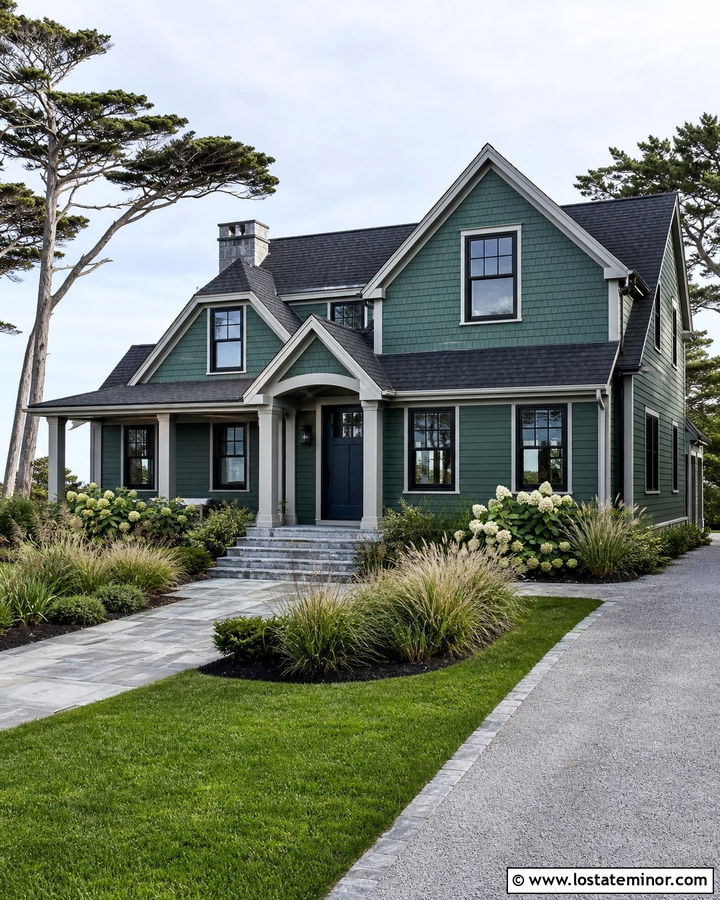 Forest Green House With Blue Front Door - 30 Forest Green House Design With Accents Ideas