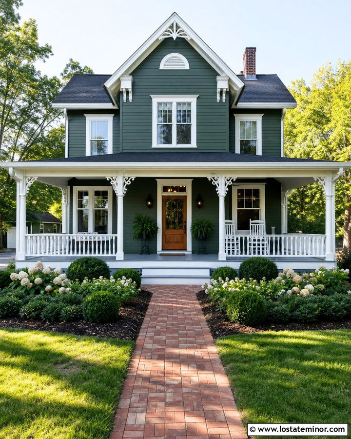 Forest Green House With Blue Gray Porch Floor - 30 Forest Green House Design With Front Porch Ideas