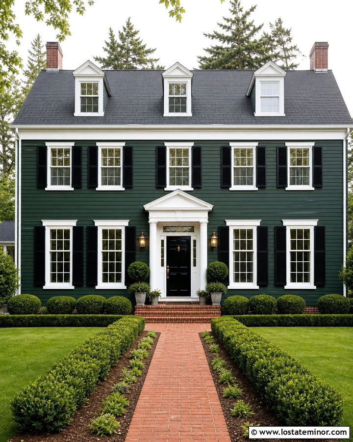 Forest Green House With Brass Porch Lights - 30 Forest Green House Design With Lighting Ideas