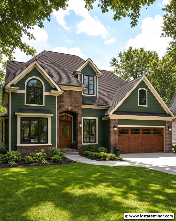 Forest Green House With Brick Accent Panels - 30 Forest Green House Design With Brick Accents Ideas