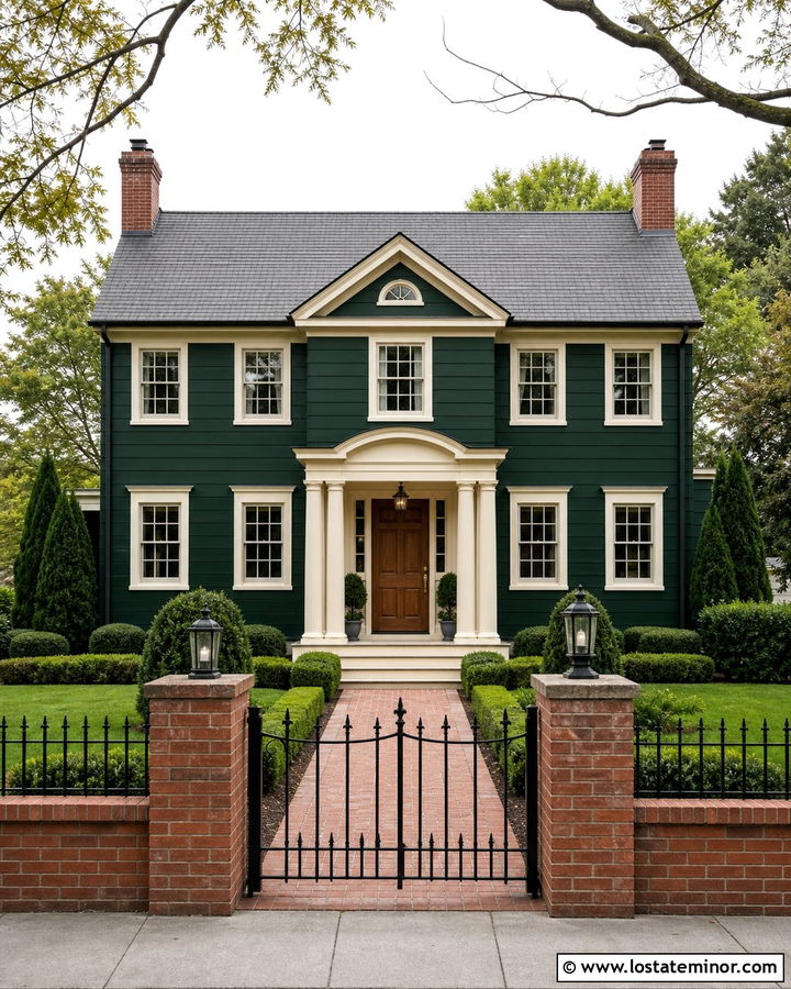 Forest Green House With Brick And Iron Fence - 30 Forest Green House Design With Fence Ideas