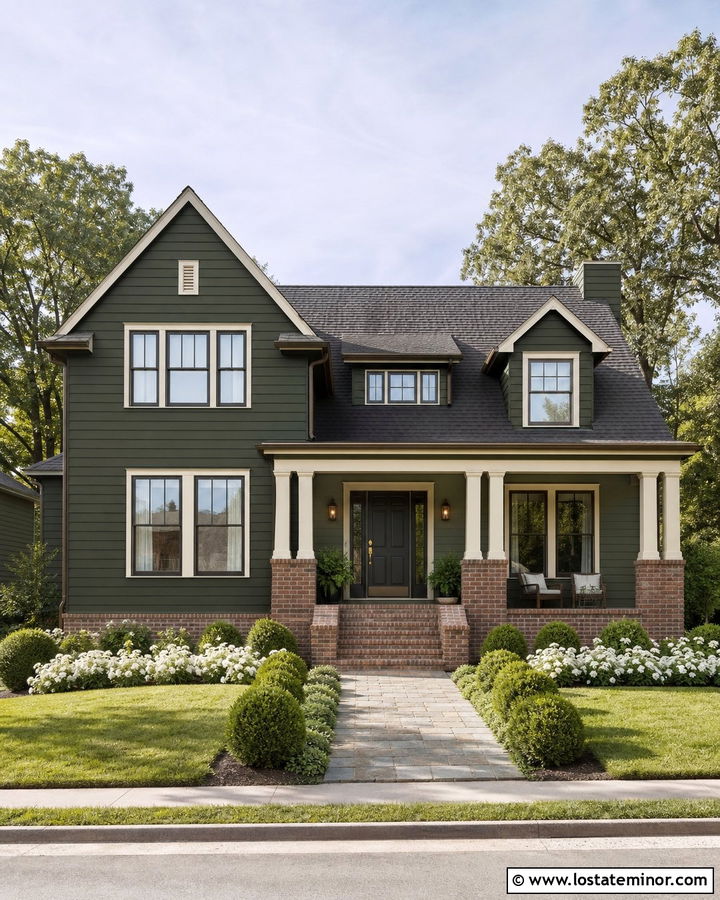 Forest Green House With Brick Base Columns - 30 Forest Green House Design With Porch Columns Ideas