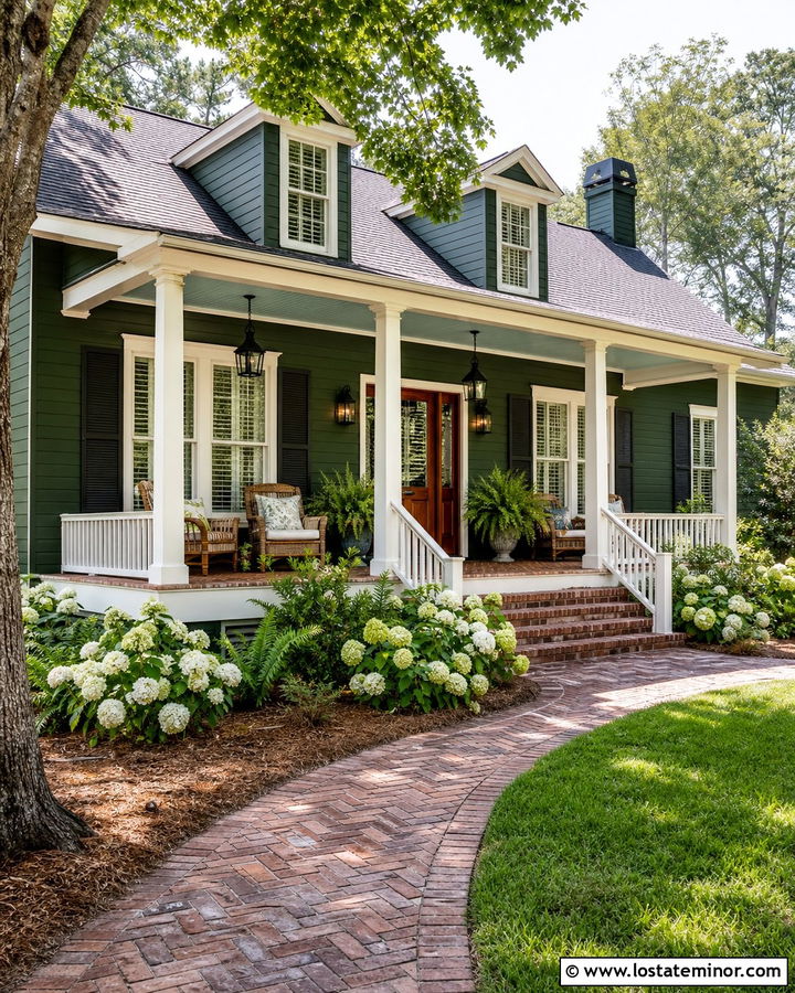 Forest Green House With Brick Paver Porch - 30 Forest Green House Design With Brick Accents Ideas