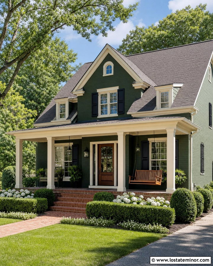 Forest Green House With Brick Porch And Swing - 30 Forest Green House Design With Swing Ideas