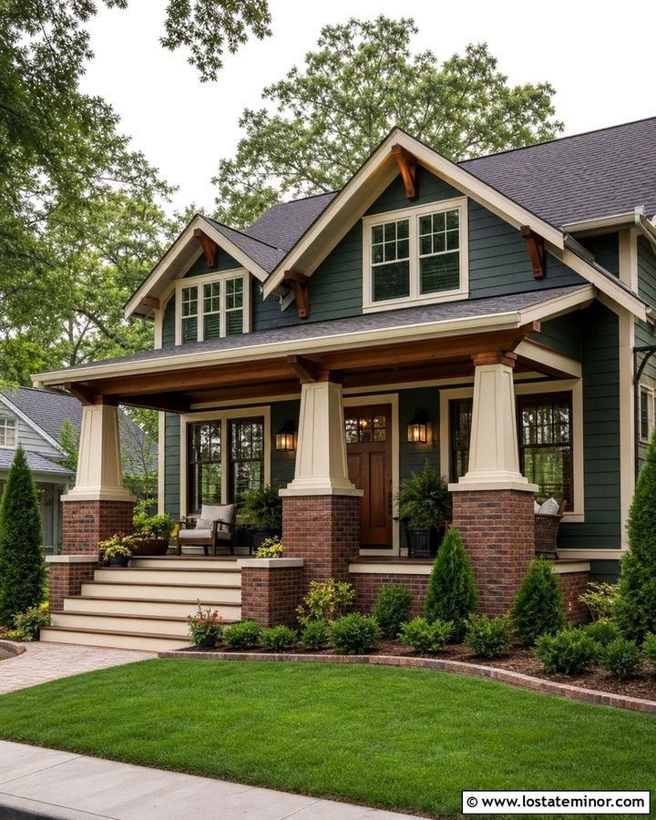 Forest Green House With Brick Porch Columns - 30 Forest Green House Design With Brick Accents Ideas