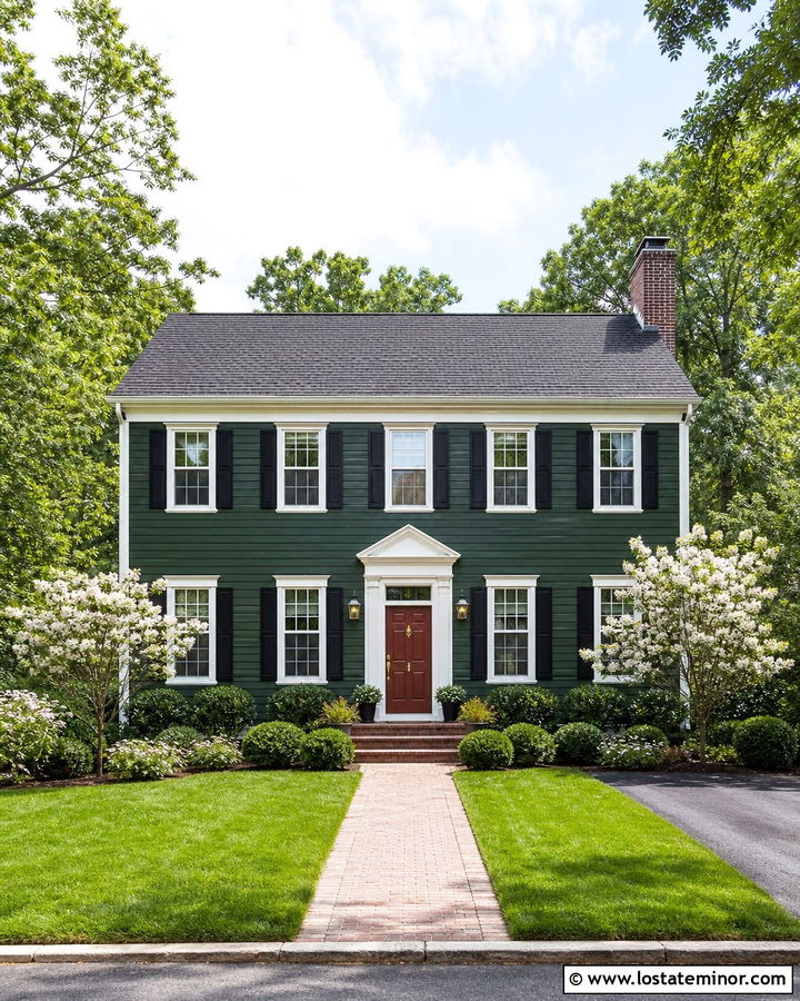 Forest Green House With Brick Red Front Door - 30 Forest Green House Design With Front Door Ideas