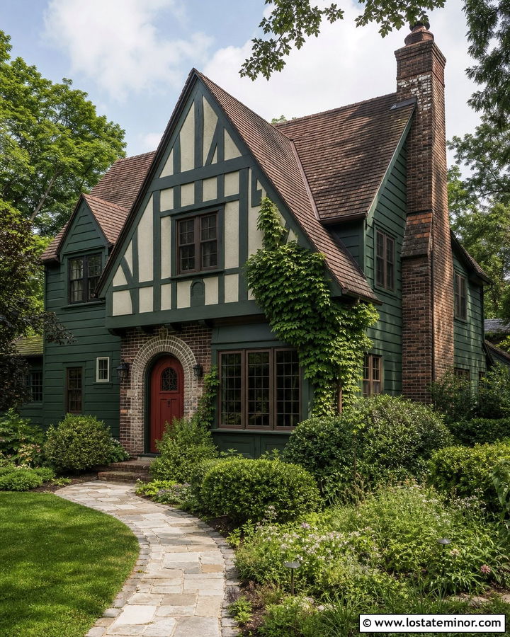Forest Green House With Brick Red Front Door - 30 Forest Green House Design With Entry Door Ideas
